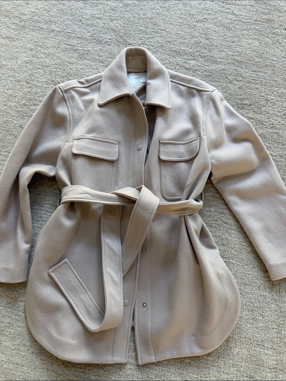 Aritzia  Belted Wool-Blend Shacket Jacket in Light Taupe